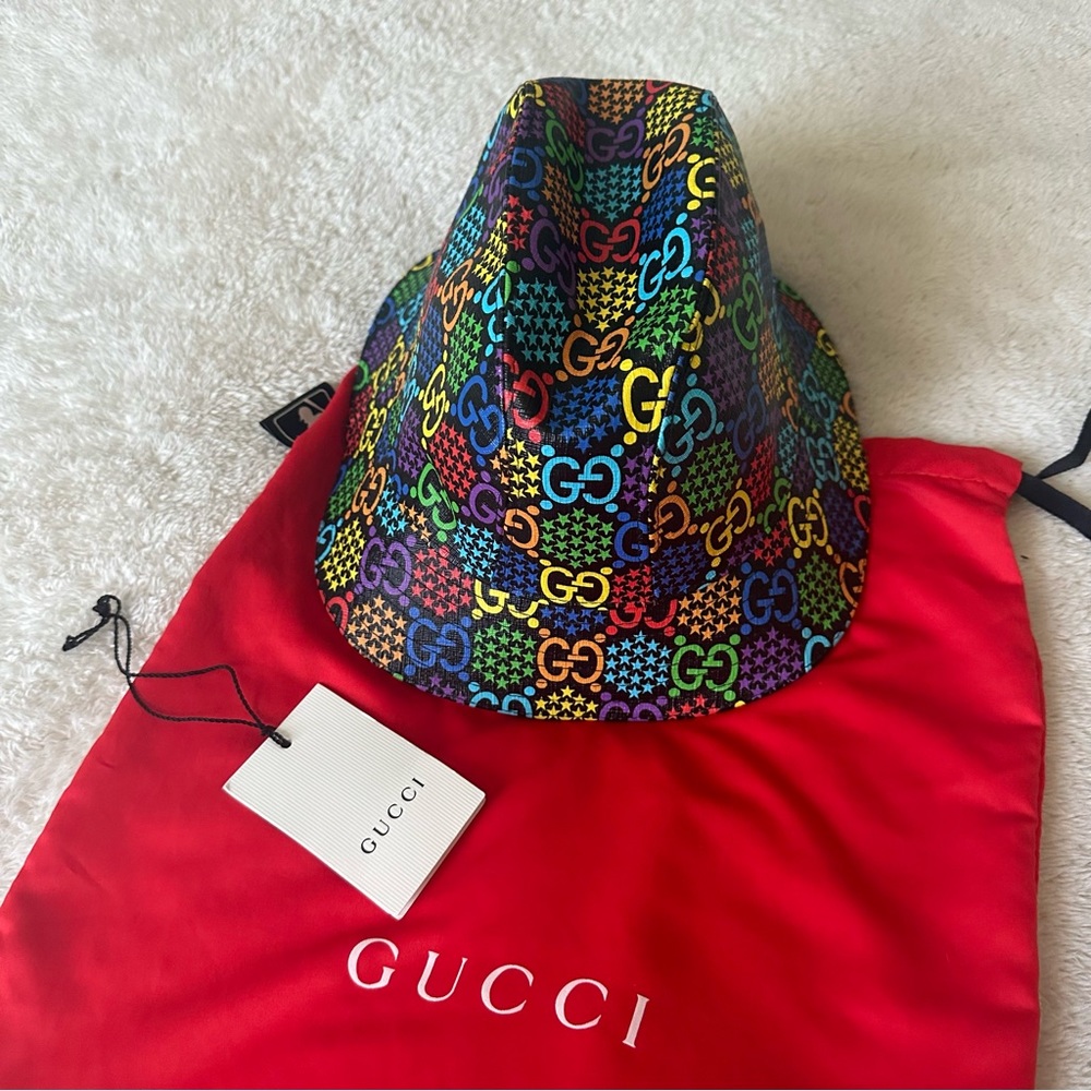NWT UNISEX Gucci PSYCHEDELIC Black Coated Canvas Fedora GG Star Print Hat - Picture 3 of 10
